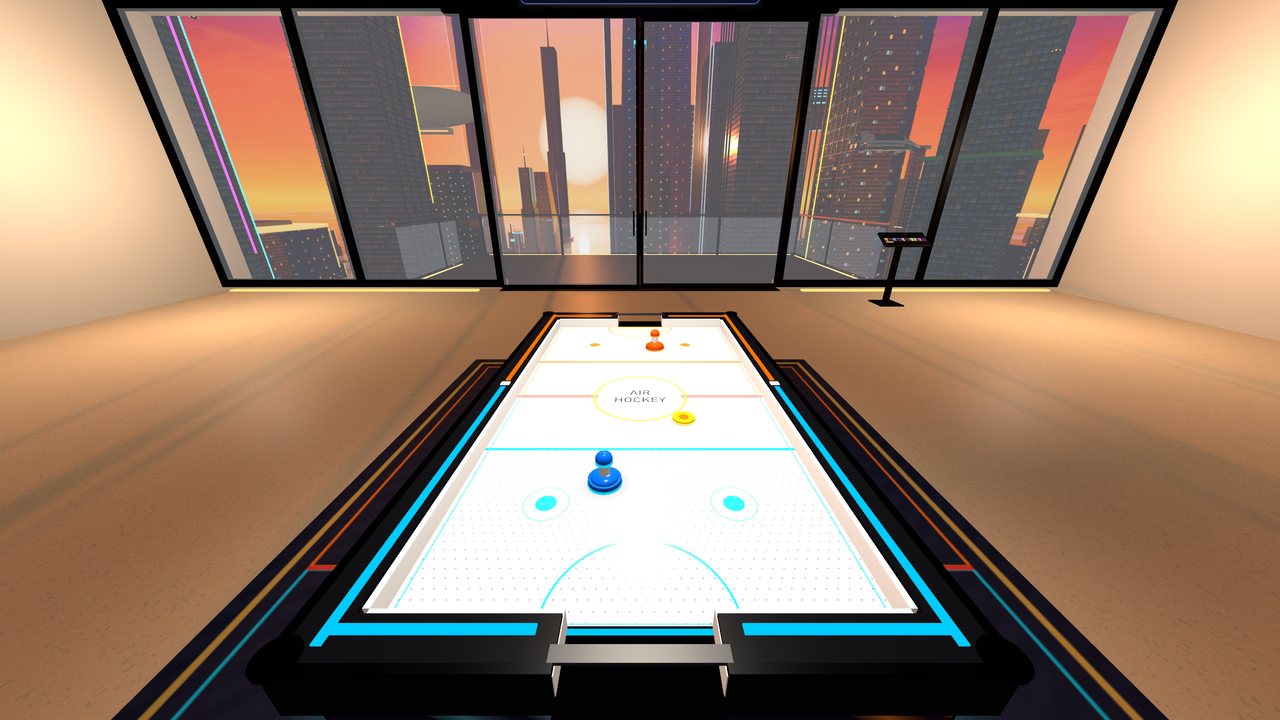 The view down the air hockey table toward the sunset
