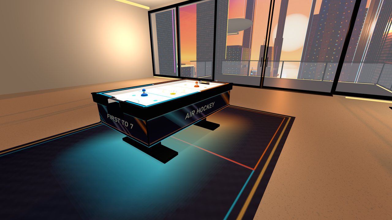 The neon arcade table in the penthouse